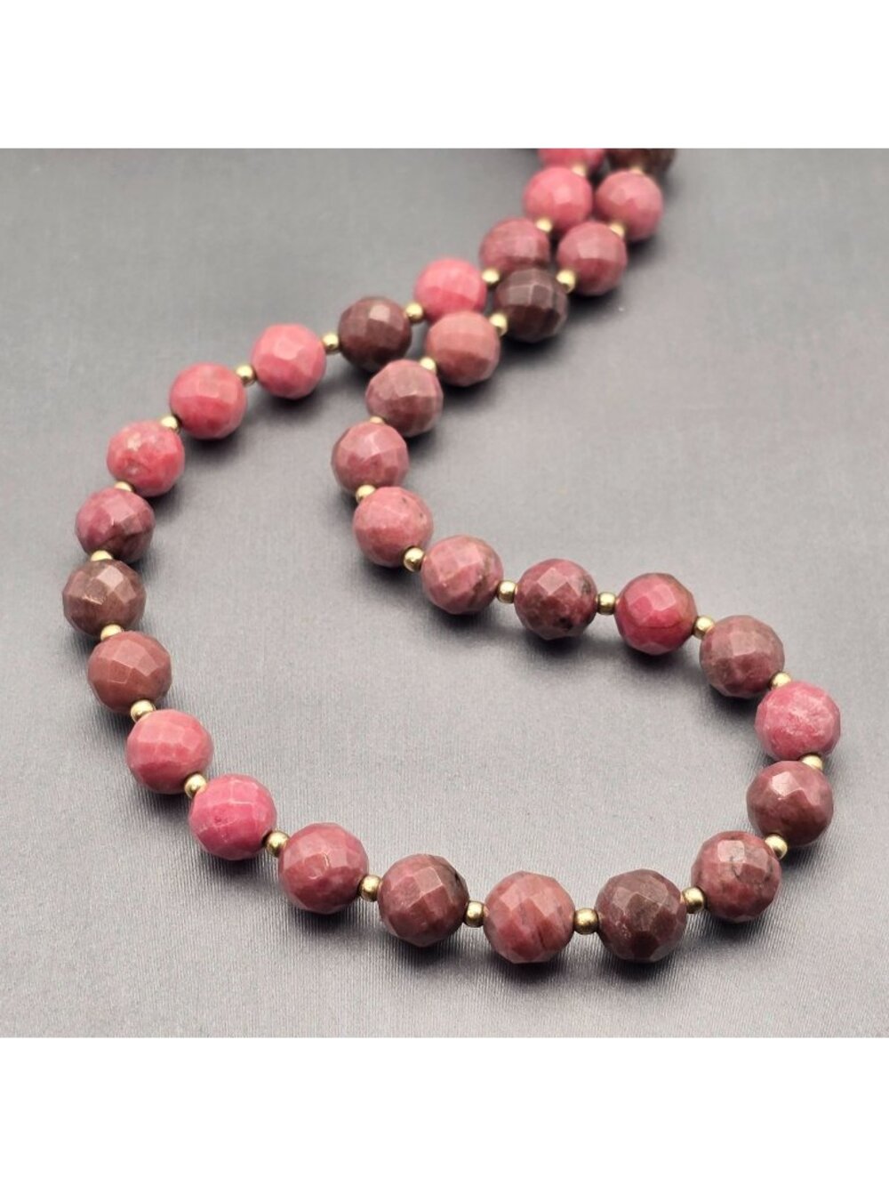Vintage Rhodonite Faceted Gemstone Bead Necklace 16" 14K Gold Filled Spacer Clas